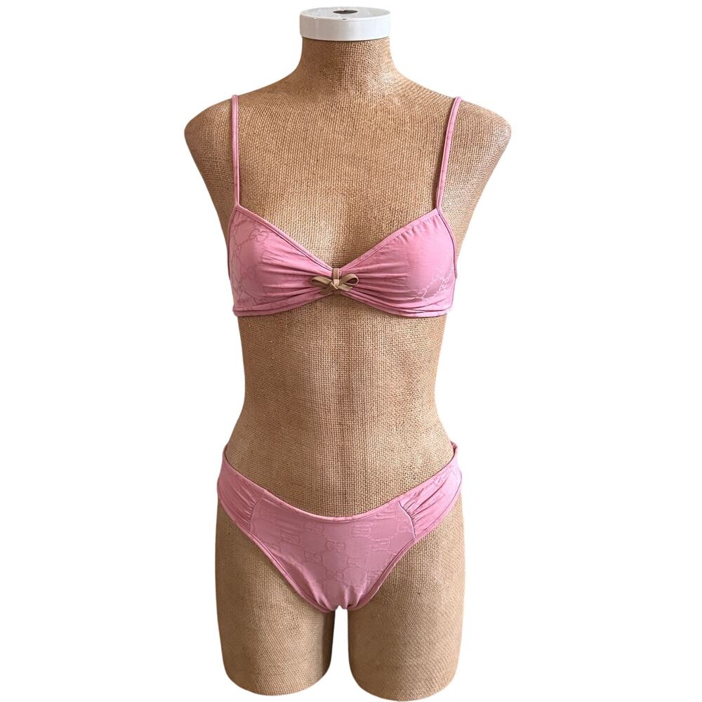 Gucci Double G Monogram Triangle Top Pink Bikini Swim Bathing Suit Luxury Small